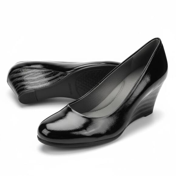 Aerosoles Black & Brown Patent Leather Wedge Heels  Size 9.5 - Picture 1 of 2